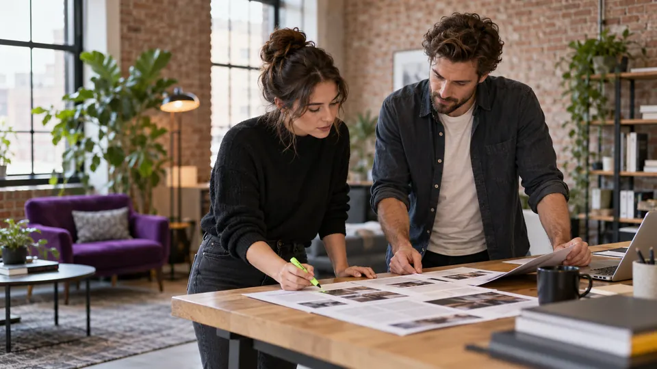 Two editors reviewing printed drafts in a loft office