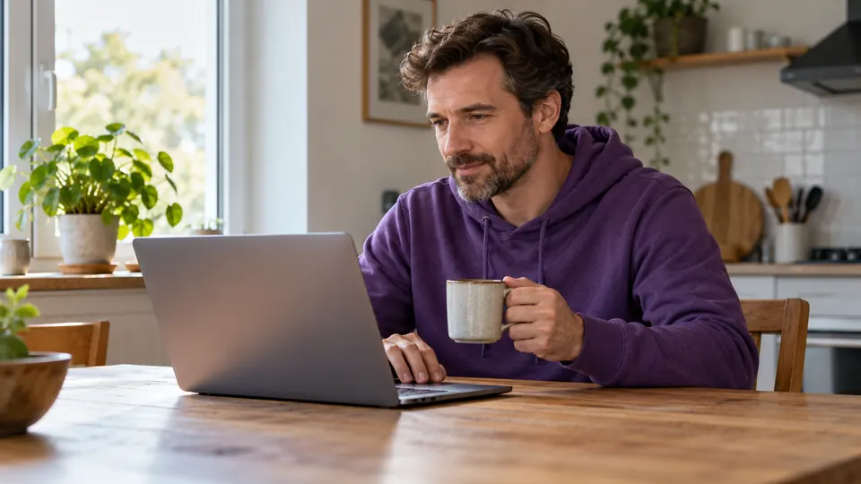 Man completing an online loan request on a laptop at his kitchen table