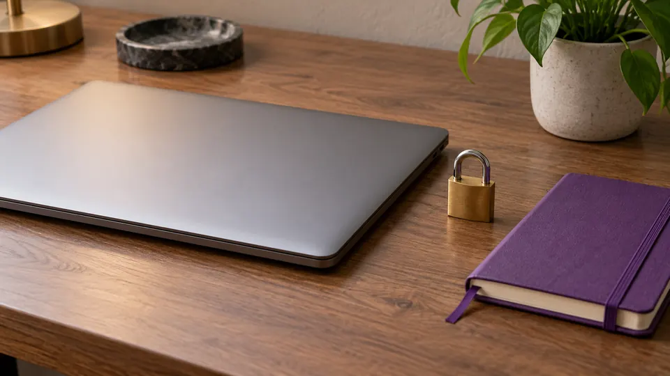 Closed laptop beside a small brass padlock