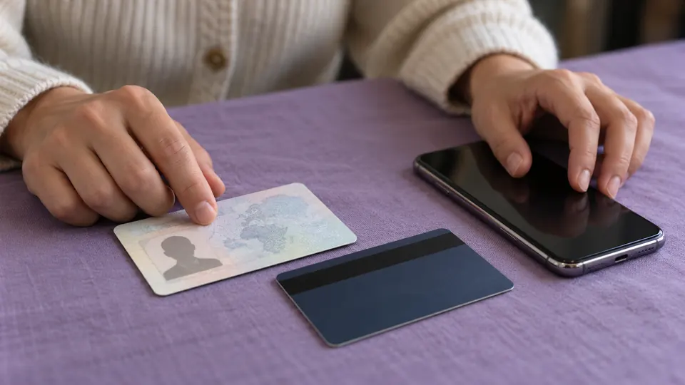 ID card, debit card and phone laid out before a loan application