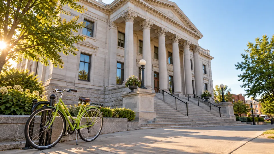Classic courthouse with columns and a lime-green bicycle