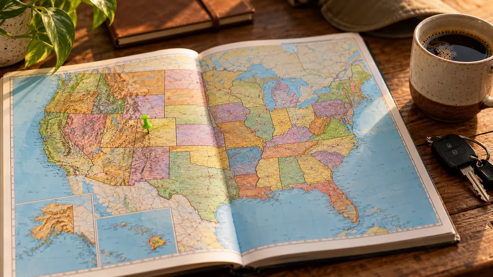 Paper atlas of the United States with a pushpin